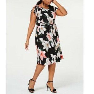 Robbie Bee 24W Black Floral Belt Dress RETAG CA50